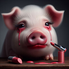 A photorealistic image shows a pig with teary eyes next to a fallen tube of red lipstick, implying sadness or distress