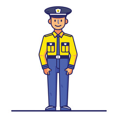 Male cartoon police officer standing confidently, smiling, wearing yellow uniform badge, navy blue pants patrol cap. Flat design law enforcement character isolated white background. Friendly cop