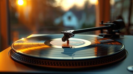 Retro turntable record player with a vinyl record on it.