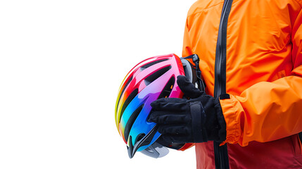 close up of a hand holding a colorful helmet for a cyclist in an orange jacket isolated on a white background, copy space