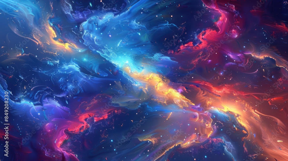 Poster vibrantly colored fractal patterns in a galaxy inspired abstract space