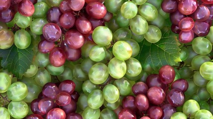 Close-up of fresh, colorful green and red grapes on the vine with leaves. Ideal image for concepts related to healthy eating and fruit harvest.