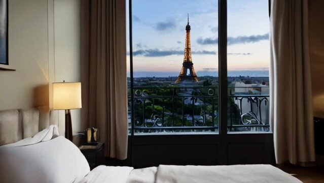 bedroom with Eiffel tower view. Seamless looping 4k video animation