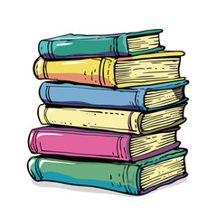 Stacked colorful books cartoon drawing. Pile books handdrawn illustration isolated white background. Educational materials, textbooks, reading concept, multicolored spines