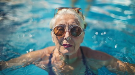 Naklejka premium Old woman swimming, exercising, health concept