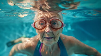 Fototapeta premium Old woman swimming, exercising, health concept
