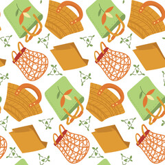 Pattern of environmentally friendly and reusable bags made of straw, paper, fabric and mesh. Conscious, stylish approach to shopping and daily life. Eco-friendly lifestyle. Sign of recycling. Seamless