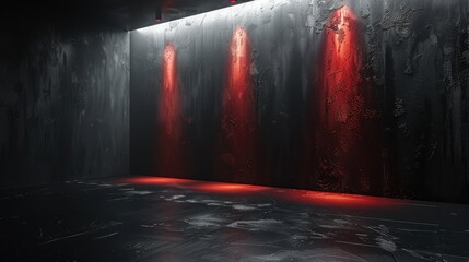 Dark atmospheric room with dramatic red lighting creating an eerie, mysterious ambiance. Ideal for backgrounds or abstract themes.