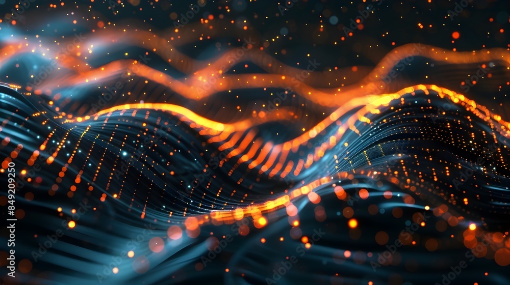Poster mesmerizing fractal swirls of luminous glowing particles in cosmic digital art background