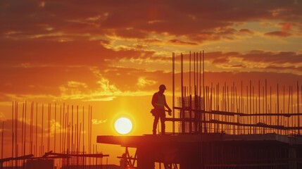 Construction workers doing their job during sunset