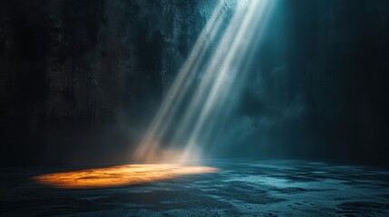 Mysterious light rays piercing through dark cave, illuminating the ground with an ethereal glow. A natural spotlight in a mystic atmosphere.