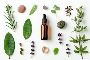 essential oil bottle surrounded by herbs, leaves, and natural elements on white background. Aromatherapy and natural wellness concept.