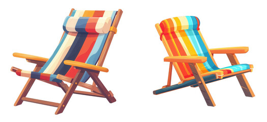 Colorful Beach Chairs, Striped beach chairs in bright colors, Summer relaxation seats on a transparent background. Generative AI