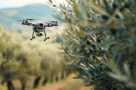 Drone checking and observing olive trees, Smart technologies in agriculture 