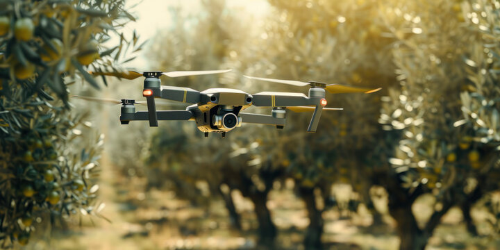 Drone checking and observing olive trees, Smart technologies in agriculture 
