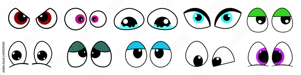 Wall mural goggle eyes icons in cartoon style. cute, comical eyes of the character with emotions of happiness, 