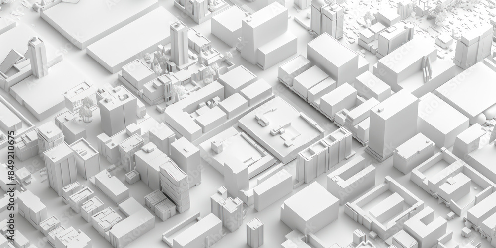 Poster Birds Eye view of a modern city. Urban concept. White clay 3D rendering. Created with Generative AI technology.