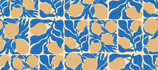 Abstract citrus fruit seamless pattern. Trendy aesthetic groovy lemon and leaves design for fabric prints. Vector illustration.