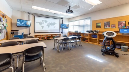 Interactive whiteboard with projector in classroom