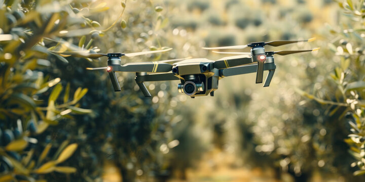 Drone checking and observing olive trees, Smart technologies in agriculture 
