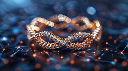 Gold ring with diamonds from particles, lines and triangles on a blue background.