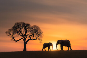 Obraz premium A lone acacia tree, its branches reaching skyward, stands silhouetted against the golden hues of sunrise on the African savanna. Two majestic elephants, bathed in warm light, graze peacefully nearby.