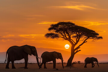 Fototapeta premium A lone acacia tree, its branches reaching skyward, stands silhouetted against the golden hues of sunrise on the African savanna. Two majestic elephants, bathed in warm light, graze peacefully nearby.