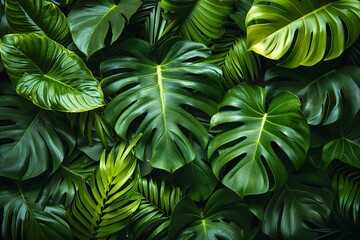 Overlapping green leaves in a dense tropical pattern.