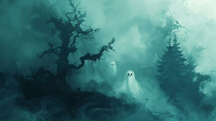 Eerie Ghostly Silhouettes on Dark Abstract Background for Halloween Design