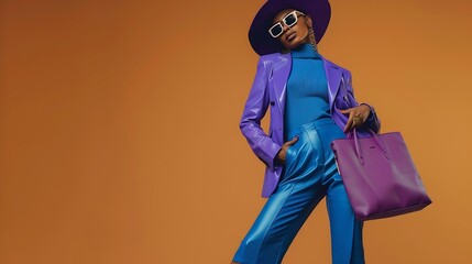 Fashionable confident woman wearing hat blue jumper faux leather suit blazer pants pointed toe ankle boots with trendy purple bag posing on brown background Fulllength studio fashion p : Generative AI