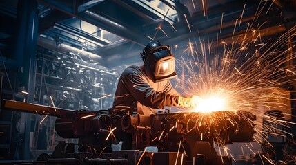 Heavy machinery manufacturing, welding sparks, metal fabrication, industrial robots, large components