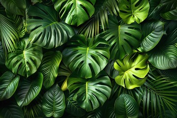 Lush jungle-like background with overlapping tropical leaves.