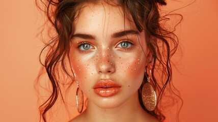 Beautiful girl . Fashionable and stylish woman in trendy jewelry big earrings .Curly ponytail hairstyle. Fashion look , beauty and style. Natural makeup and cosmetics