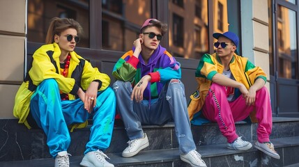 Fototapeta premium Retro street style 90s inspired fashion Young people friends wearing colorful tracksuits sunglasses shoes and accessories sitting outdoor Concept of 90s fashion youth culture oldstyle : Generative AI