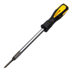 High-quality black and yellow-handled flathead screwdriver for various repair and maintenance tasks, isolated on a white background.