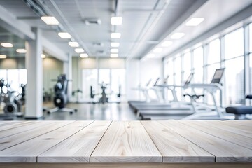 Empty wood tabletop or counter with display product. Blur image of gym fitness center background. Display product background concept.