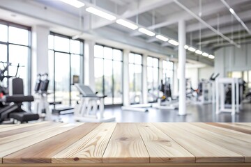 Empty wood tabletop or counter with display product. Blur image of gym fitness center background. Display product background concept.