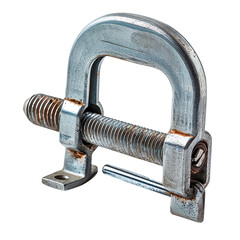 Close-up of a metallic C-clamp tool with a rusty finish, used for holding objects together in woodworking, metalworking, and DIY projects.