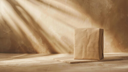 A paper bag on a beige surface with sunlight and shadows.