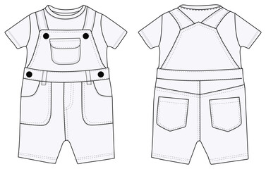 Infant Baby dungaree fashion flat sketch With T-Shirt template boys and girls dungaree 