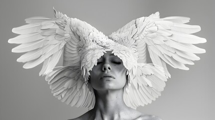 Angelic Ethereal Female Figure with Dramatic White Wings in Conceptual Portrait