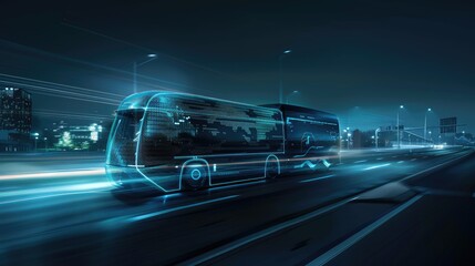 Fototapeta premium Futuristic truck on the road, glowing lines and holographic elements in a blue color background, wide angle side view.