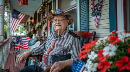 Obraz premium Elderly Gentleman Sitting with US Flag, Symbol of Patriotism 