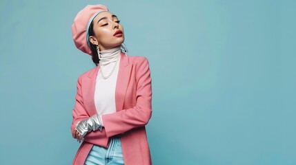 Fashionable confident woman wearing beret elegant pink tweed blazer turtleneck layered pearl necklace white denim maxi skirt silver boots posing on blue background Fulllength studio po : Generative AI