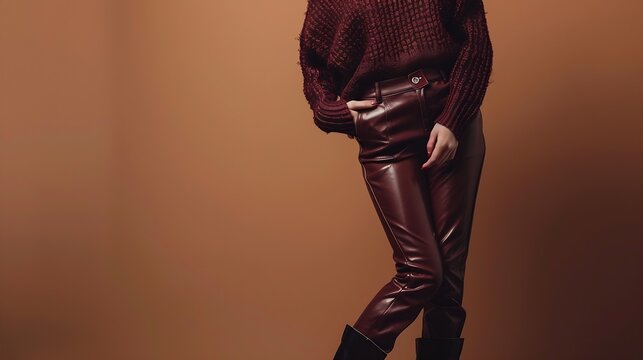 Fashionable confident woman wearing burgundy color knitted sweater faux leather pants pointed toe boots posing on brown background Fulllength studio fashion portrait : Generative AI