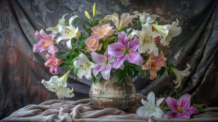 Obraz premium Flowers in an old vase, including roses and lilies, arranged elegantly on a table with soft lighting, set against a dark gray velvet background creating a moody atmosphere.