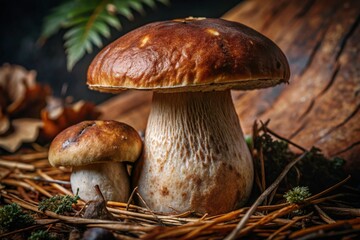 White mushroom porcini in the forest among branches and leaves