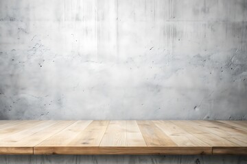 Empty wood tabletop or counter with display product. Blur image of concerte brick wall background. Display product background concept.