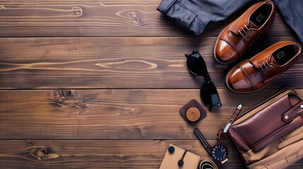 Top view of Fathers Day themed mens fashion items on wooden background : Generative AI
