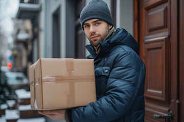 Delivery service. Courier. A courier holds parcels on the threshold near the door, close-up. Parcel delivery